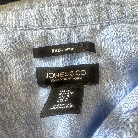 Jones & Co. 100% Linen Sky Blue Tunic Blouse | Roll-Tab Sleeve Popover (Size S) - Picture 4 of 6